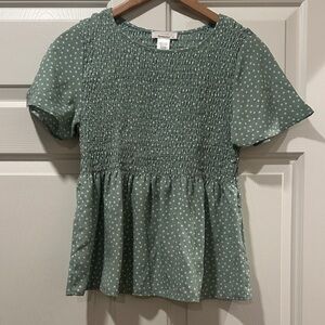 Sage Polka Dot Smocked Blouse